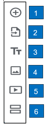 Vertical toolbar showing plus, arrow on paper, double T, picture symbol, play video symbol, and two stacked rectangles. Number 1 to 6 situated by each symbol.