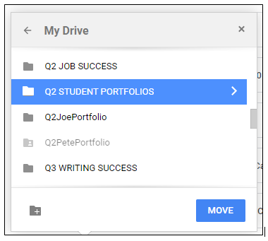 Dialogue box My Drive. Q2 Student Portfolios highlighted and Move command at the bottom right.