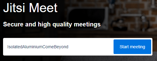 Jitsi Meet. There is a randomly generated name for the meeting. Click on blue Start meeting button.