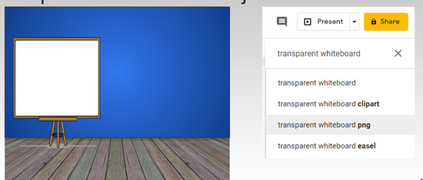 Transparent whiteboard in a Bitmoji classroom on the left, and search results for "transparent whiteboard" on the right