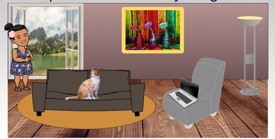 Image of a Bitmoji home classroom. An open window with a view of a lake, a painting of 3 single flowers in vases is on the wall. A white floor lamp is in the corner. A large chair with a laptop is in the middle of the room. A brown couch with an orange and white cat sitting in the middle is on a light brown rug. Alisa Bitmoji is standing in front of the window.