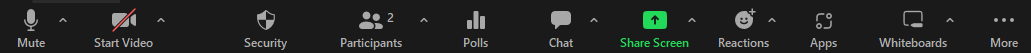 Basic Zoom Toolbar: Screenshot of the Zoom Host's toolbar which includes Mute, Start Video, Security, Participants, Polls, Chat, Share Screen, Reactions, Apps, Whiteboards, and More.