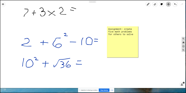 Example whiteboard using Ziteboard. Math equations and a sticky note assignment are on the board.