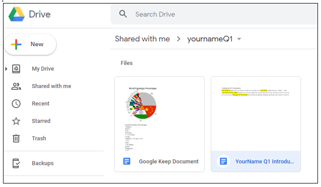 Google File yournameQ1 showing two files, Google Keep Document and YourName Q1 Introduction.