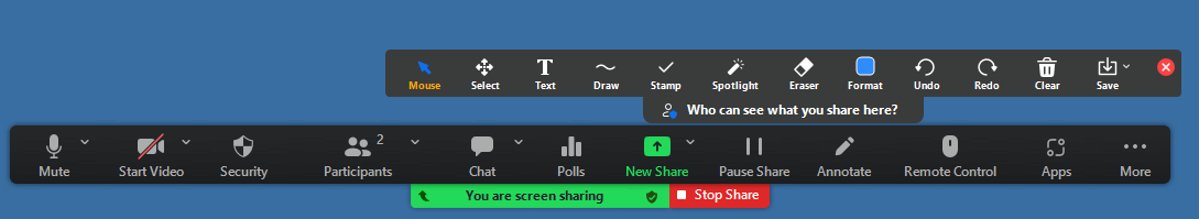 Annotation Toolbar: Screenshot of the toolbar when Annotation is selected. Includes: Mouse, Select, Text, Draw, Stamp, Spotlight, Eraser, Format, Undo, Redo, Clear, and Save.