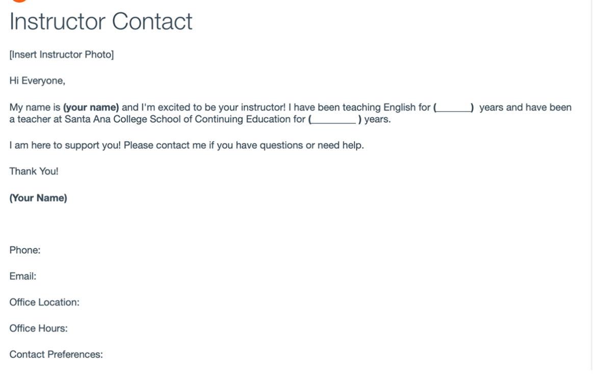 Screenshot of Instructor Contact message template.